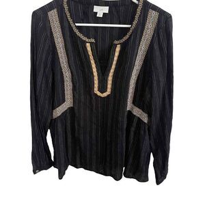 J.‎ Jill Black Tan White Embroidered Blouse Cotton Viscose Rayon Size M Petite